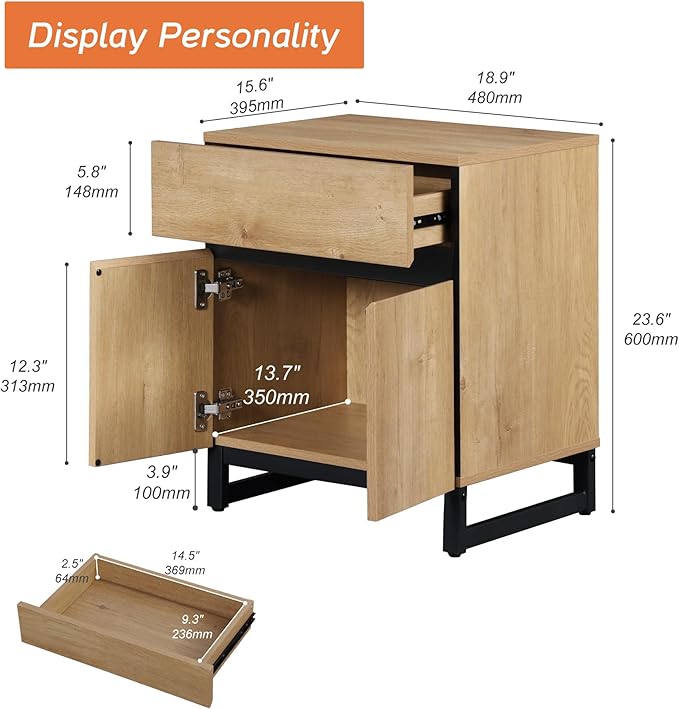 WAMPAT Modern End Table with 1 Drawer & 1 Storage Cabinet, Farmhouse Sofa Table with 2 Open Door, Wood Rustic Side End Table for Living Room, Nighstand for Bedroom, Oak