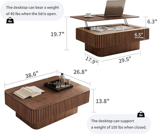 38.6'' Lift Top Fluted Coffee Table with Hidden Compartment, Modern Rectangular Wooden Center Table Cocktail Tea Table with Storage and Adjustable Height for Living Room Apartment, Walnut
