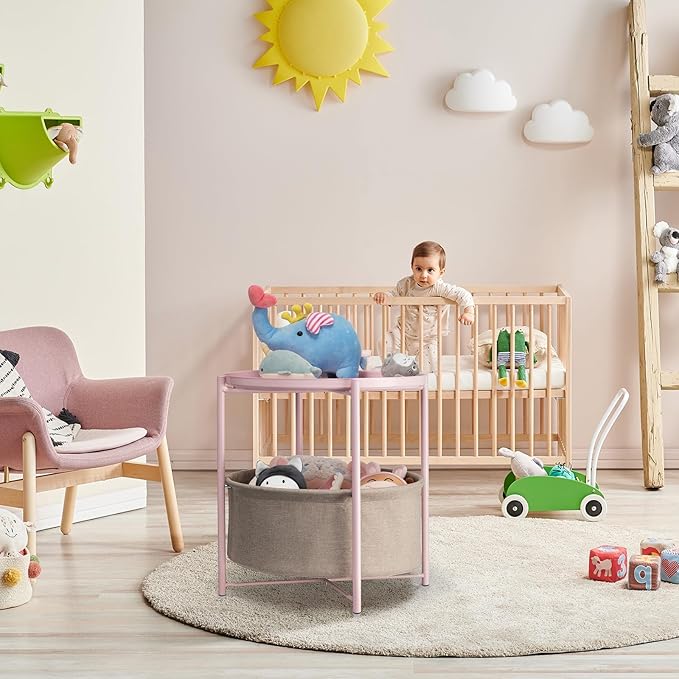 danpinera Round Side Table with Fabric Storage Basket, Metal Side Table Small Bedside Nightstand with Removable Tray Top for Living Room, Bedroom, Nursery, Laundry, Light Pink