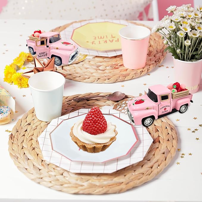 Strawberry Decor 5 Inch Vintage Truck with Mini Fake Strawberries and Wooden Crate Farmhouse Tiered Tray Decor Berry Sweet Summer Kitchen Centerpieces for Tables Strawberry Shortcake Decorations