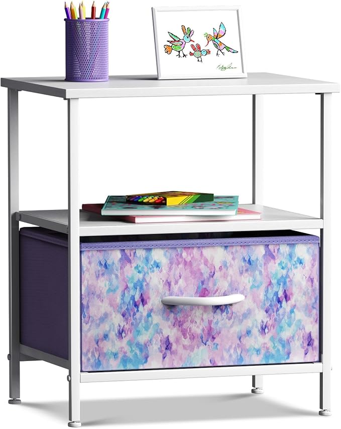 Sorbus 1 Drawer Shelf Storage Nightstand - Kids Bedside Furniture End Table Night Stand with Steel Frame Wood Top & Easy Pull Fabric Bins. Dresser & Chest for Home Bedroom Accessories Office & College