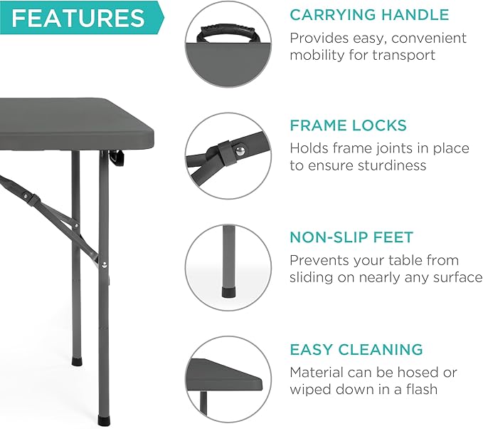 Best Choice Products 4ft Plastic Folding Table, Indoor Outdoor Heavy Duty Portable w/Handle, Lock for Picnic, Party, Camping - Dark Gray