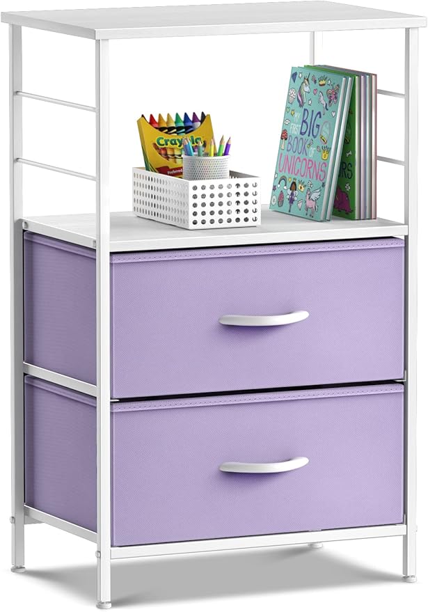 Sorbus 2 Drawer Shelf Storage Nightstand - Kids Bedside Furniture End Table Night Stand with Steel Frame Wood Top & Easy Pull Fabric Bins, Dresser & Chest for Home Bedroom Accessories Office & College