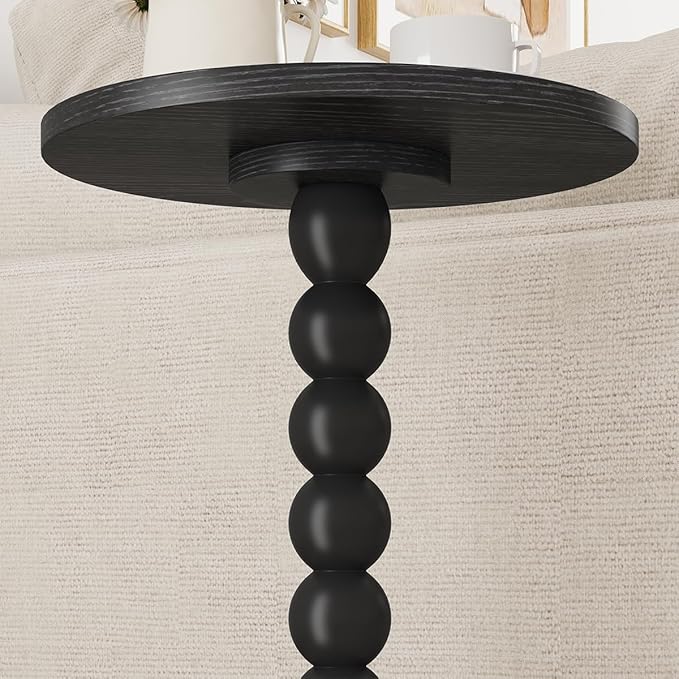 Round Side Table, Small Drink Table for Small Spaces, Pedestal End Table for Living Room, Modern Accent Nightstand with Solid Wood Leg for Bedroom, Corners and Office Black Color UTBT005B