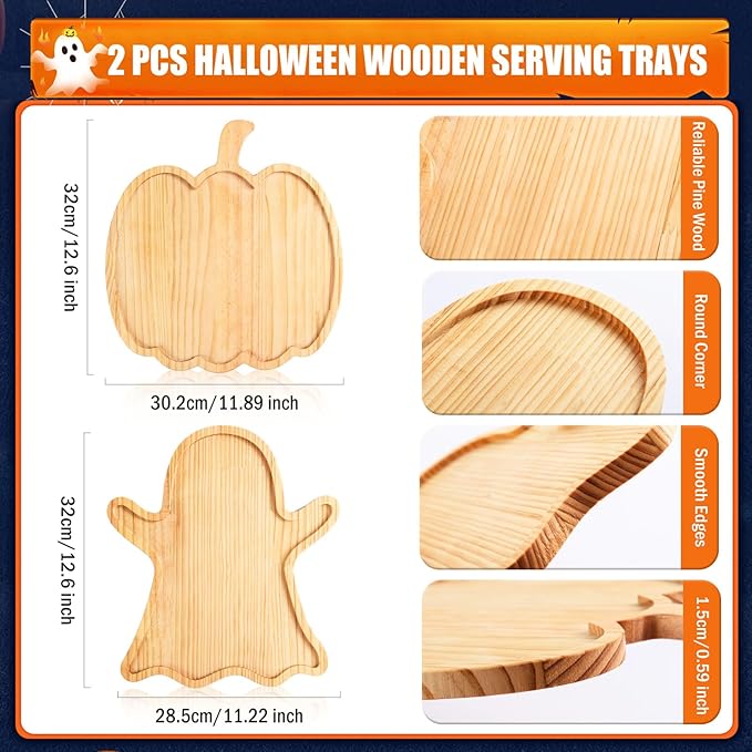 FOBSME 2 Pcs Halloween Wooden Serving Platters Pumpkin and Ghost Shape Charcuterie Boards Fall Wood Serving Trays Decorative Wood Snack Dish Plates for Halloween Autumn Holiday Housewarming Presents