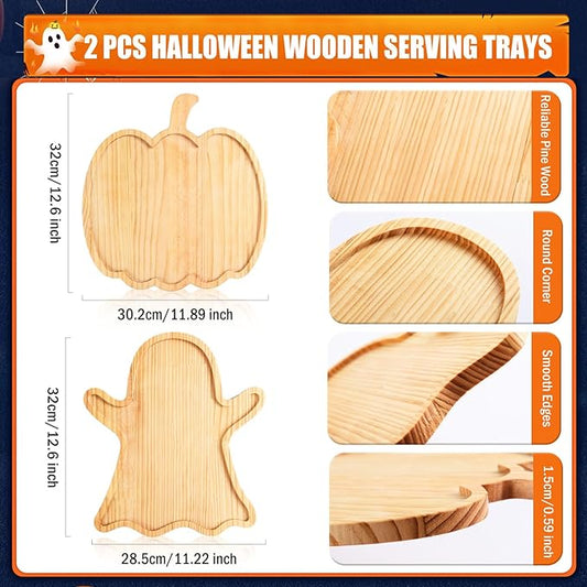 FOBSME 2 Pcs Halloween Wooden Serving Platters Pumpkin and Ghost Shape Charcuterie Boards Fall Wood Serving Trays Decorative Wood Snack Dish Plates for Halloween Autumn Holiday Housewarming Presents