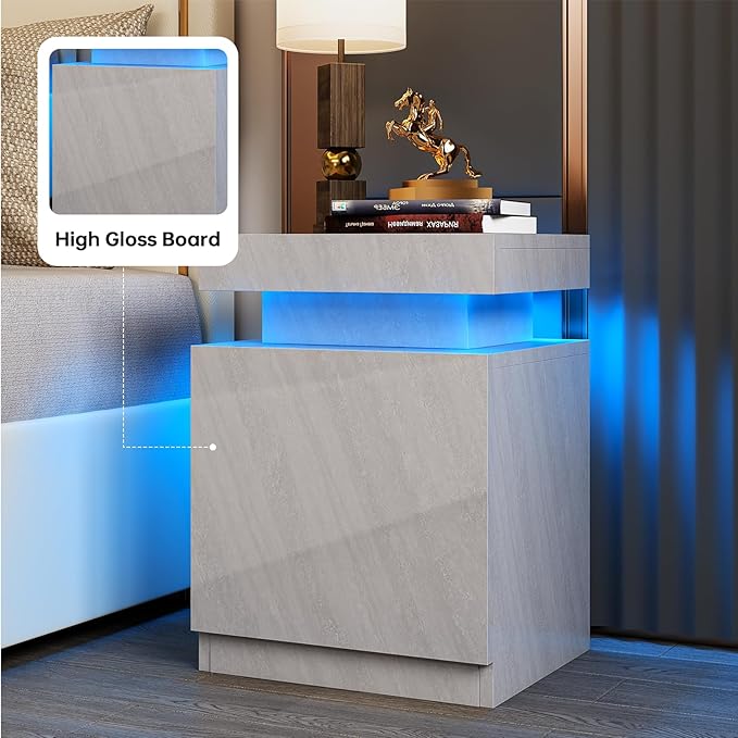oneinmil LED Nightstands Set of 2, Night Stand with Storage Cabinet for Bedroom, Bedside Table with LED Lights, Modern End Side Table, Grey