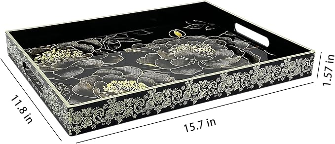 Serving Tray with Handles, 15.7 * 11.8 inches, Plastic Ottoman Tray with Exquisite Paintings, Trays for Coffee Table