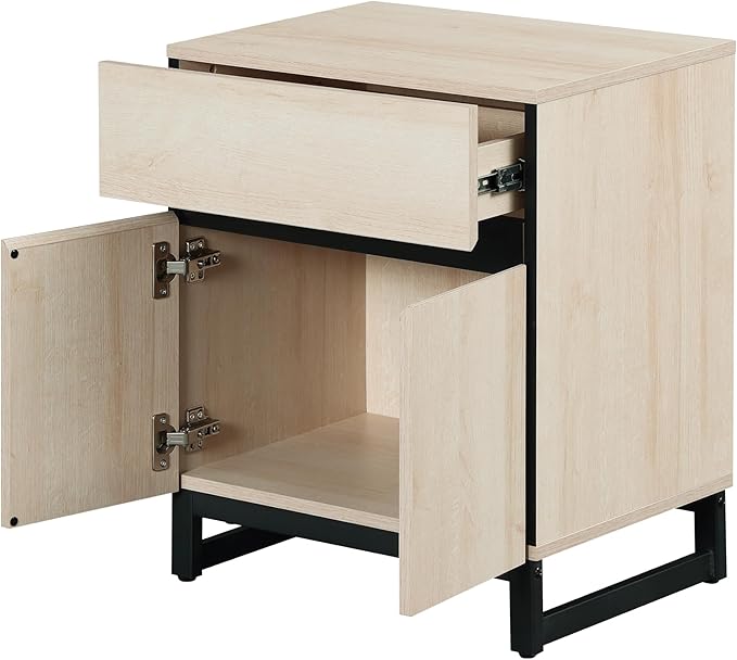WAMPAT Modern End Table with 1 Drawer & 1 Storage Cabinet, Farmhouse Sofa Table, Wooden Rustic Side Sofa Table Metal Leg for Living Room, Nighstand for Bedroom, Light Oak
