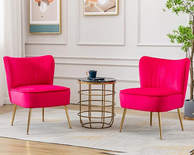Velvet Accent Chair Set of 2 Comfy Living Room Chair Armless Slipper Chair Mid Century Side Single Sofa Chair with Golden Legs Wingback for Bedroom Guest Room, Hot Pink