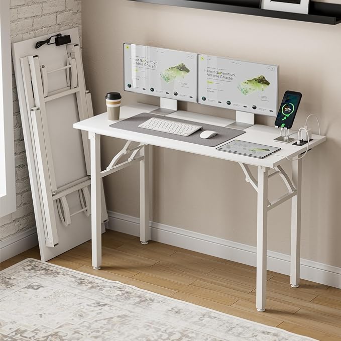 Frylr Small Folding Computer Desk – 43.3 Inch Portable Table for Craft and Study, Lightweight Desk for Small Spaces, Foldable Laptop Table Built-in AC/USB Outlets for Convenience, White