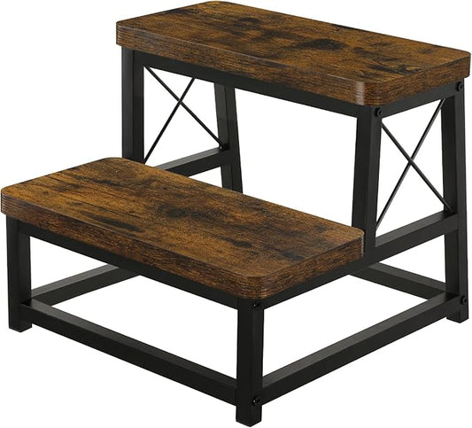 YINMIT Wooden Step Stool for Adults, 2 Tier Heavy Duty Step Stool for High Bed with Non-Slip Feet, Using for Bedroom, Living Room, Bathroom and Kitchen, Hold Up to 500 LBS