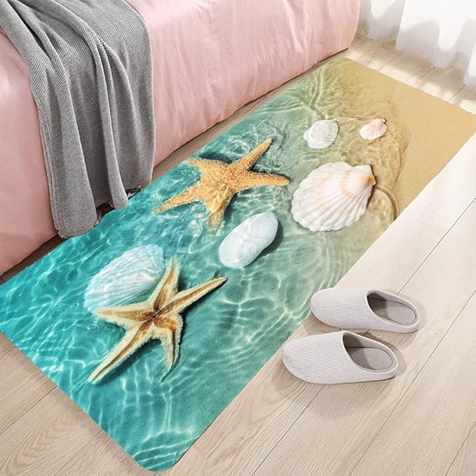 Bath Rugs Sponge Foam Absorbent Soft for Bathroom and Kitchen (71 x 24 inches), Flannel Mat Non Slip Bright 3D Print for Bedside and Living Room(Scallop Starfish)