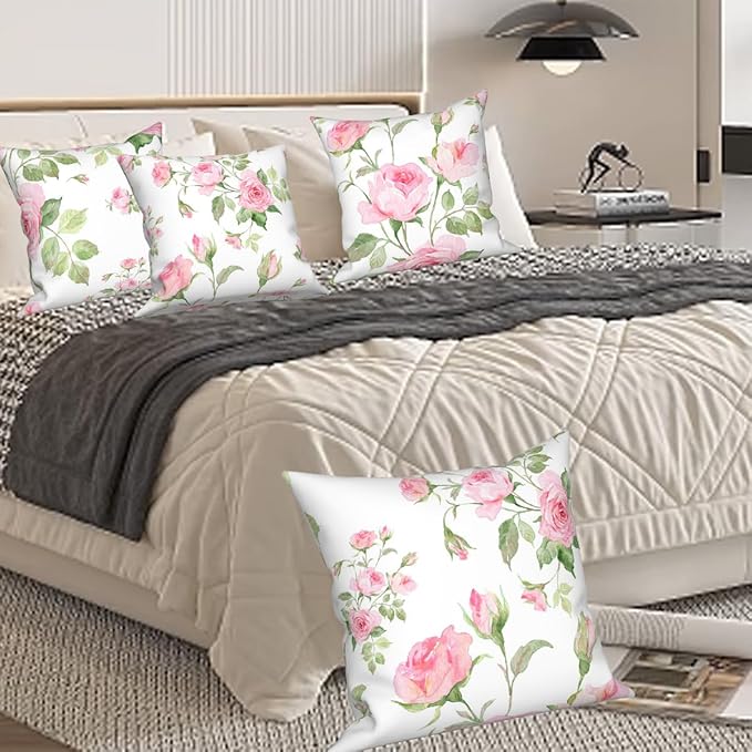 Pink Roses Throw Pillow Covers Set of 4 Blossom Flower Rustic Floral Green Leaves White Romantic Art Design Square Pillowcases for Chair Bed Outdoor Couch Bedroom Patio Farmhouse 26x26Inch