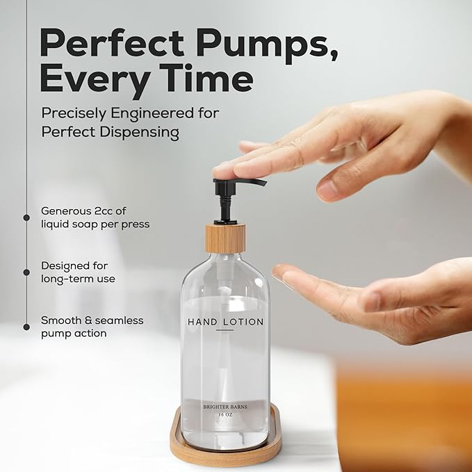 Glass Lotion Dispenser with Pump for Bathroom by Brighter Barns - Hand Lotion Dispenser Set with Tray - Boho Hand Cream Container for Bathroom, Neutral Home Decor in Bedroom, Lobby, Restaurant (Clear)