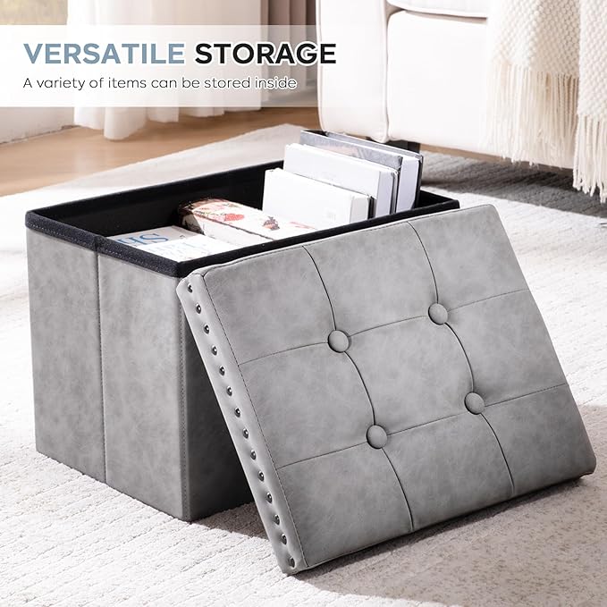 Storage Ottoman Cube 16in, Small Faux Leather Tuffed Foot Rest Stool with Rivet Design, Foldable Ottomans Footstool, Box Chest for Bedroom, Entryway, 16x12x12inches Grey, Load 242 lb, Grey