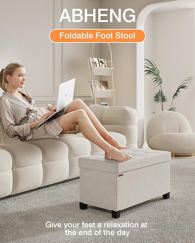 Foldable Storage Ottoman Bench, Velvet Footrest and Seat Cube with Feet, Storage Chest, for Living Room, Bedroom and Office, 15 x 30 x 15.7 Inches, Cream White,ASND23W