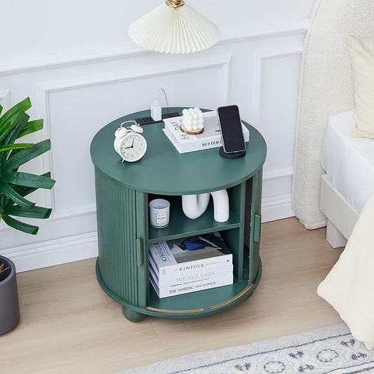 AVZEAR 24" Large Round End Table with Charging Station, Farmhouse Fluted Sofa Side Table with Sliding Tambour Door & Storage, Mid-Century Wood Nightstand for Living Room, Bedroom, Green