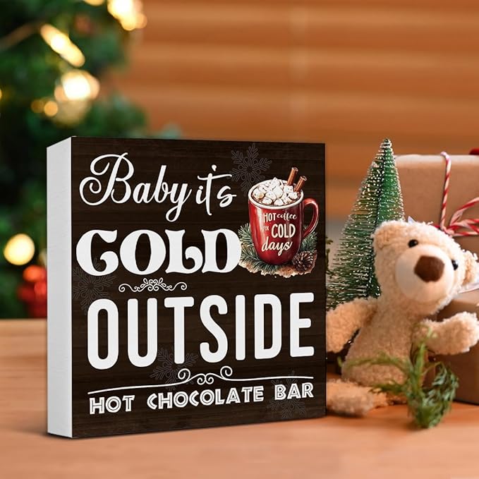 Hot Chocolate Bar Christmas Decorations - Winter Christmas Decor, Hot Cocoa Bar Wooden Sign, Home Kitchen Decor for Desk Table Shelf 5 X 5 Inches
