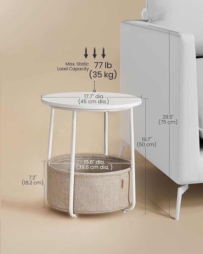 VASAGLE LILEA Collection - Small Round Side End Table, Modern Nightstand with Fabric Basket, Matte White and Camel Brown ULET223W10