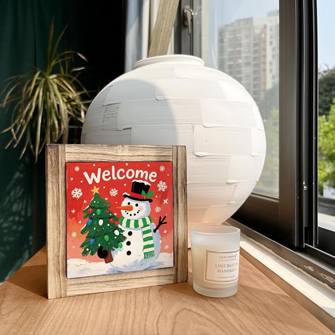 Christmas Wood Decor, Welcome Sign, Snowman Decors Art for Home Office, Christmas Tree Decoration, Home Front Door Porch Decors, Xmas Party Decor Ornaments, Farmhouse Wooden Box Sign
