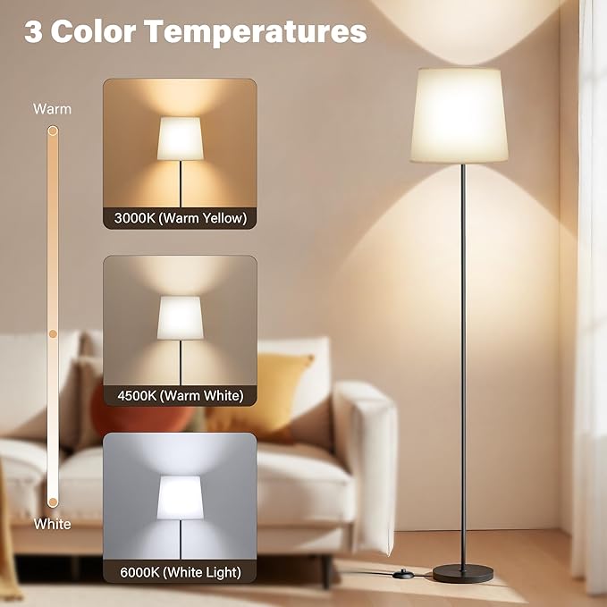 Floor Lamp with White Fabric Shade - Color Chaning Standing Lamp with Foot Switch, 3 Color Temps, 9W E26 LED Bulb Included, 62" Floor Reading Light for Living Room Bedroom Office Corner