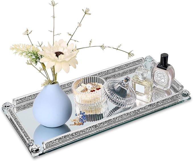 Mirror Perfume Tray for Dresser,Crushed Diamond Filled Glass Vanity Tray, Silver Decorative Bathroom Tray,Crystal Tray for Home Decorative,Party,Hotel Banquet,15.4x7.5x1inch