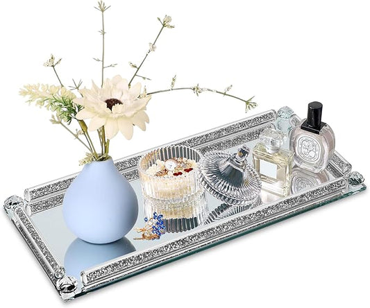 Mirror Perfume Tray for Dresser,Crushed Diamond Filled Glass Vanity Tray, Silver Decorative Bathroom Tray,Crystal Tray for Home Decorative,Party,Hotel Banquet,15.4x7.5x1inch