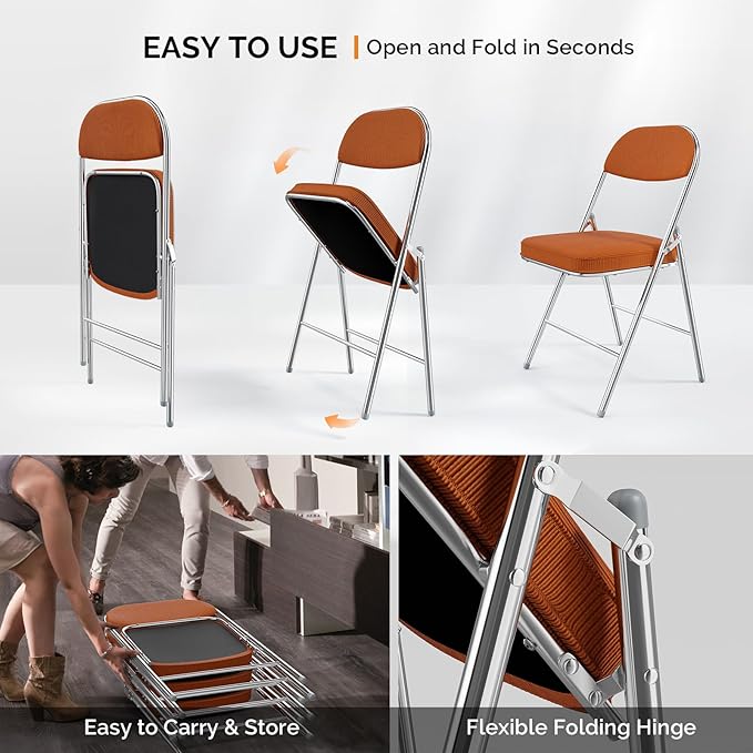 VINGLI 6 Pack Folding Chairs with Padded Seat & Backrest, Metal Frame, Durable Corduroy Fabric, 350 lbs Capacity, Set of 6, Orange – Ideal for Weddings, Parties, Office Events