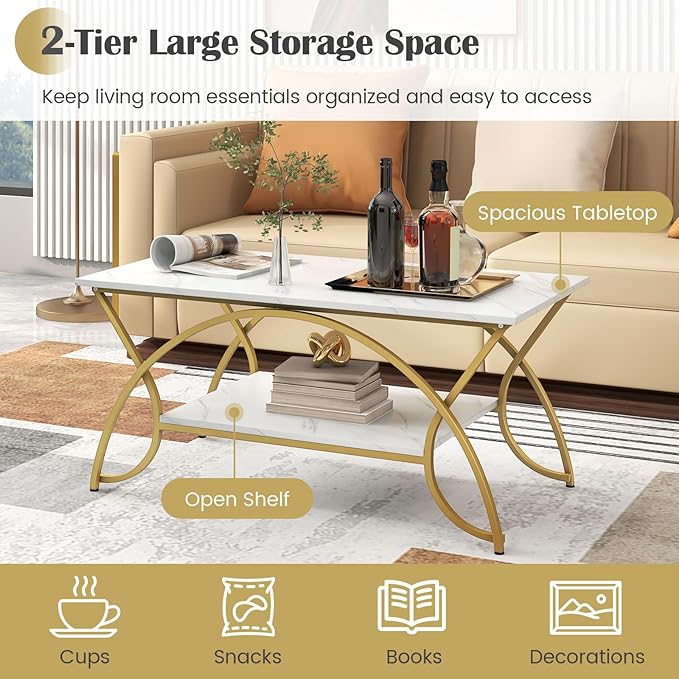 Giantex 2-Tier Rectangular Coffee Table, Faux Marble Table with Open Storage Shelf, Gold Finished Metal Frame, Modern Center Table for Living Room, Reception Room (White+Gold)