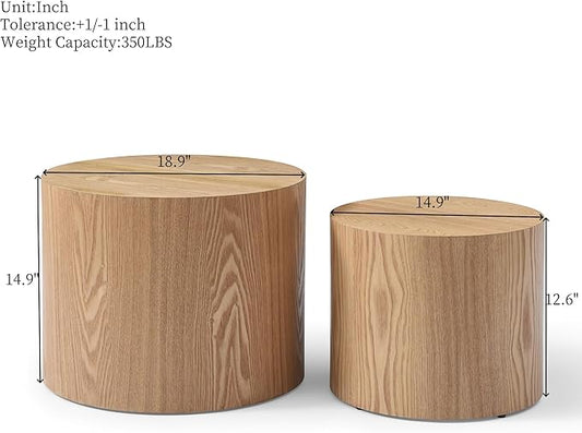 Nesting Coffee Table Set of 2, Modern Round Wooden Circle Accent Coffee Tables for Small Spaces Living Room Bedroom Balcony Office Drum Side Table