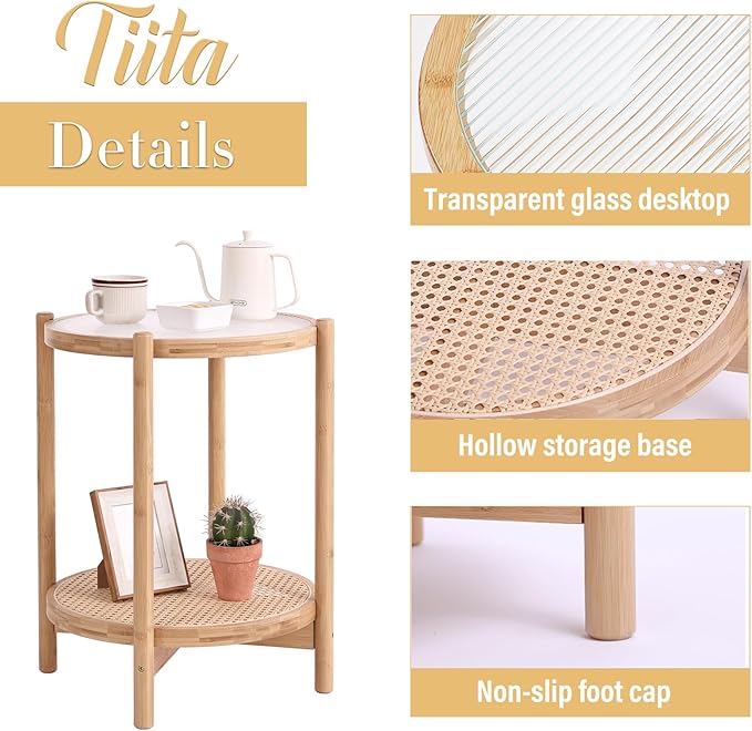 Tiita Rattan Nightstand Side Table, Bamboo Accent Bedside Tables, Glass Coffee Tables, Boho Wooden End Table with Storage for Small Space, Living Room and Bedroom