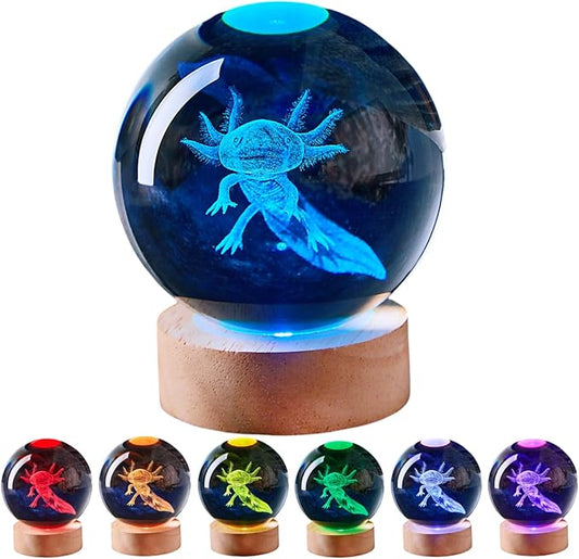 Axolotl Crystal Ball Lamp with LED Wooden Base, 16 Colors Change & Remote Control Crystal Ball Night Light, Upgraded 3.15 Inch Glass Light, Gift for Kids Wife Girlfriend (Axolotl)