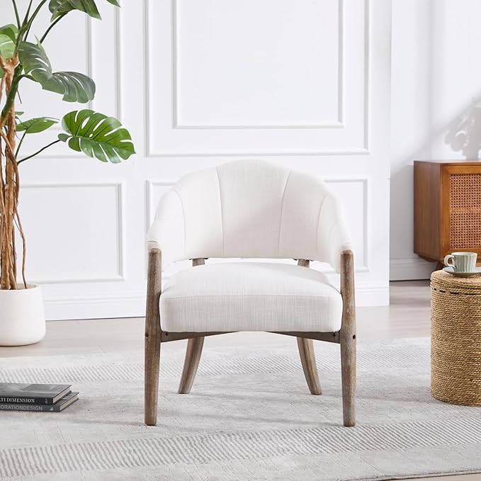 HEAH-YO Comfy Modern Accent Chair Set of 1,Upholstered Linen Living Room Chair,Reception Armchair with Solid Wood Legs,Reading Leisure Chair for Bedroom Makeup Vanity,Beige