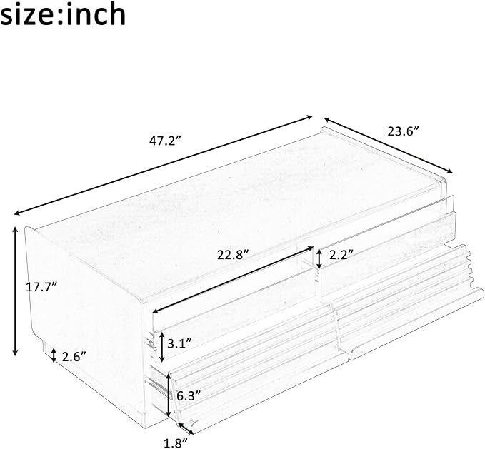 Modern Wooden Coffee Table with 4 Drawers & 2 Open Storage Shelves, 47.2-Inch Rectangular Fluted Accent Tables Center Cocktail Table for Living Room, Black