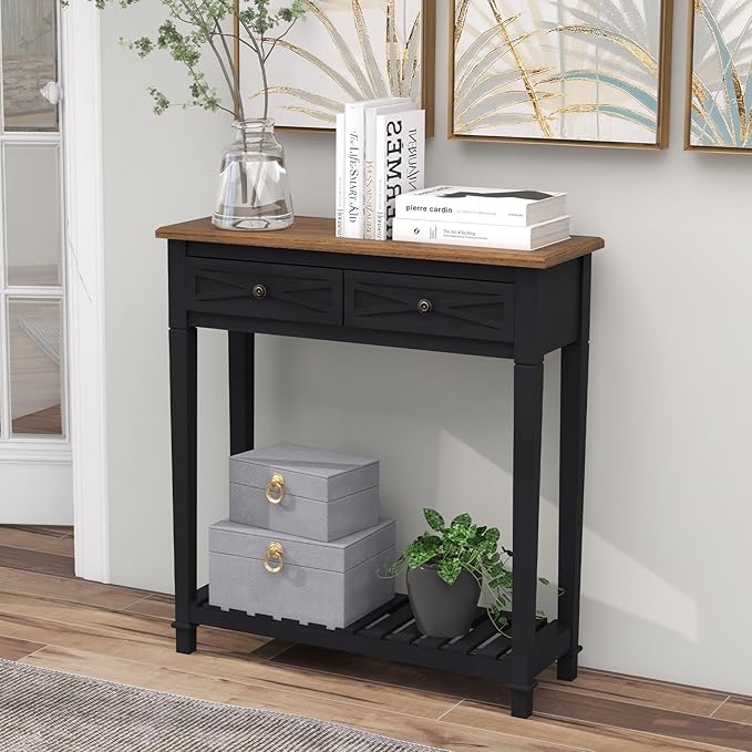 Kinsuite Narrow Console Table with 2 Drawers & Storage, 2-Tier Farmhouse Wooden Entryway Tables, Sofa Table Hallway Table for Living Room Hallway, Black