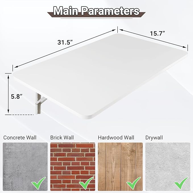 Upgrade Wall Mounted Folding Table 31.5”L x 15.7”W, Laundry Folding Table with Heavy Duty Metal Collapsible Shelf Brackets, Wall Mounted Desk Fold Down for Small Spaces, White