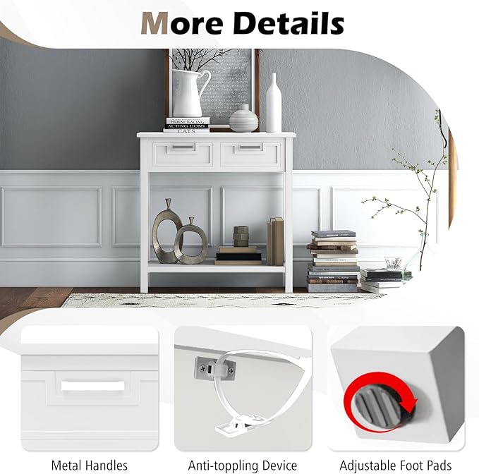 KOTEK Console Table with 2 Drawers & Shelf, Narrow Sofa Table with Rubber Wood Legs, Small Entryway Table for Living Room, Hallway, Office (White)