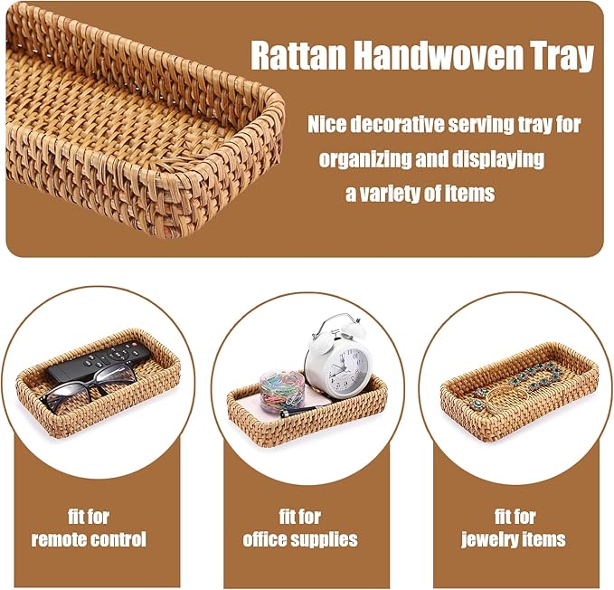 BTSKY Small Remote Basket for Coffee Table Entryway Living Room Rattan Serving Tray 8.3” x 4.7” Handwoven Wicker Baskets Decorative Tray for Wallet Remote Control Trinkets Rings Cosmetics Crackers