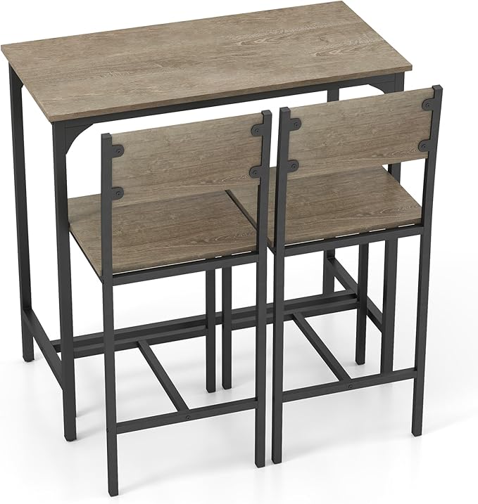 Giantex 3-Piece Bar Table and Chair Set with 2 Counter Height Bar Stools, Breakfast Nook Table Set for Small Space, Dinette, Pub, Kitchen, Apartment, Restaurant, Dining Table Set for 2 (Grey)