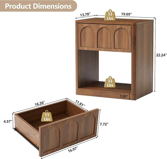Wood Nightstand, 19.69" Wide Bedside Table with Arched Finish, Modern Night Stands with Curved Profile, Mid Century End Table for Bedroom Living Room (Walnut)
