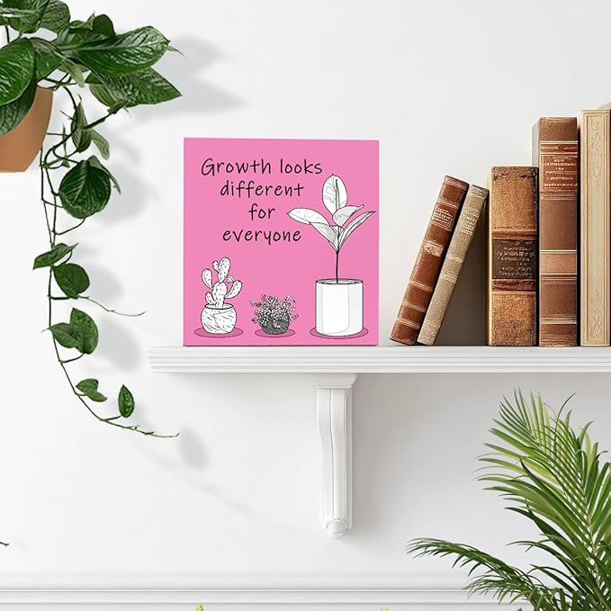 LVQHI Inspirational Wood Block Sign,Growth Looks Different for Everyone Plant Motivational Wooden Block Sign for Home Bedroom Office Desk Table Decor,Inspirational Cheer Up Gift for Coworker Red