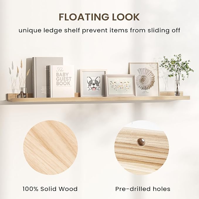 Floating Shelves for Wall, Picture Ledge Shelf 48 Inch Solid Wood Set of 2, Rustic Wall Shelves with Lip, Kids Bookshelf, Photo & Picture Live Edge Floating Shelves for Bedroom, Living Room, Kitchen