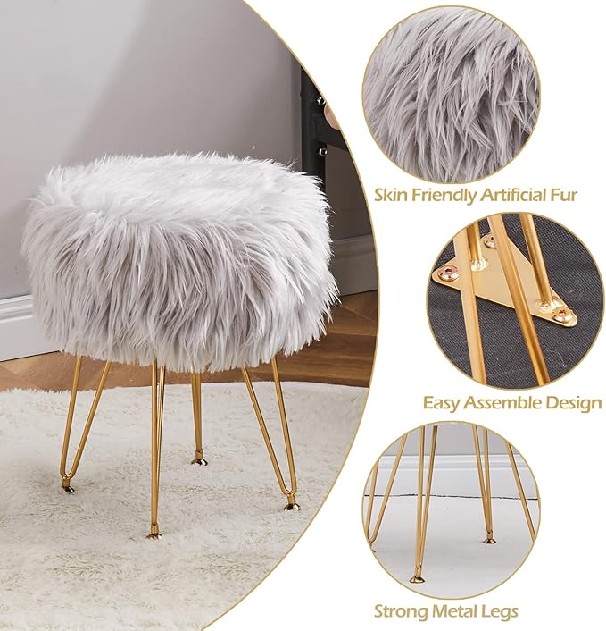 Mxfurhawa Faux Fur Storage Ottoman Round Furry Vanity Stool Marble Grain Tray Coffee Table Compact Footrest Stool with 4 Metal Legs Soft Makeup Seat Foot Stools for Living Room Bedroom Entryway Grey