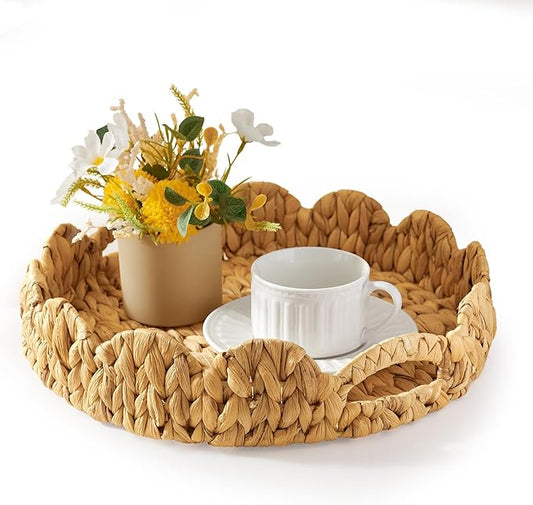 Scalloped Tray, 13.8" Large Round Basket Tray Wicker Rattan Serving Tray2 with Handles, Scallop Basket Table Décor Trays, Water Hyacinth Round Rattan Tray1 for Ottoman Decorative