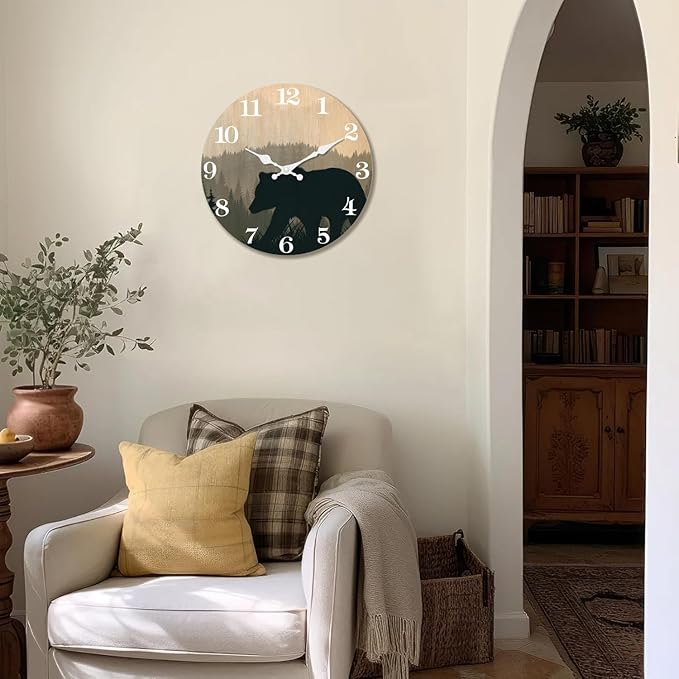 XFM Cabin Bear Wall Clock Battery Operated 10 Inch Silent Wooden Wall Clocks Rustic Farmhouse Wall Clocks for Lodge Living Room Kitchen Office Decor