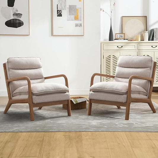INZOY Accent Chairs Set of 2, Mid Century Modern Accent Chair with Wood Frame, Upholstered Reading Armchair with Waist Cushion, Side Chair for Living Room Bedroom Office, Easy Assembly, Beige