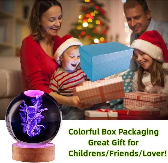 Axolotl Crystal Ball Lamp with LED Wooden Base, 16 Colors Change & Remote Control Crystal Ball Night Light, Upgraded 3.15 Inch Glass Light, Gift for Kids Wife Girlfriend (Axolotl B)