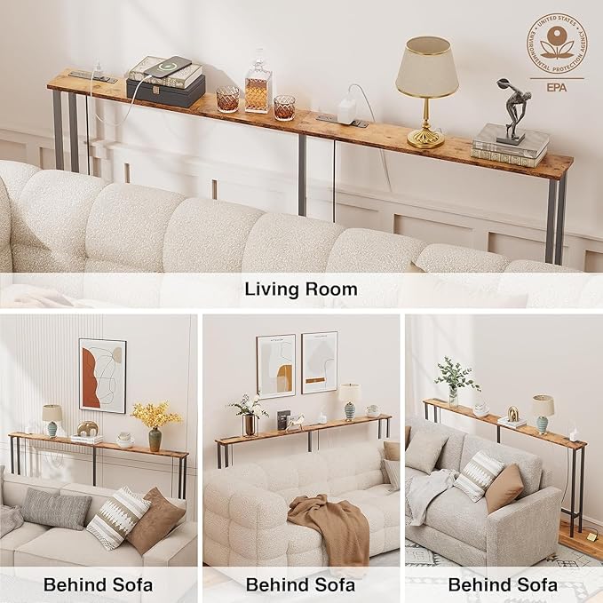 90" Narrow Sofa Table - 2 Power Outlets & 4 USB Ports, Metal Frame,Perfect for Hallway, Office, and Behind Sofa - Easy Assembly, 4.9ft Extension Cord Included Rustic Brown