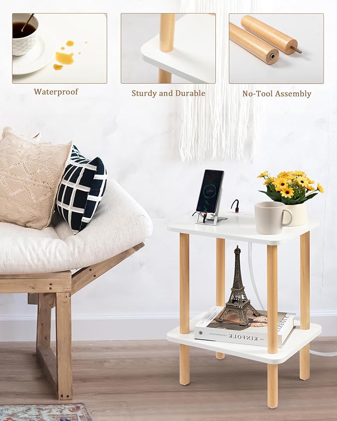 FORAOFUR End Table with Charging Station, End Tables with USB Ports and Outlets, Small Side Table for Living Room, Bedroom & Office, Two-Tier Narrow Side Table, Easy Assembly